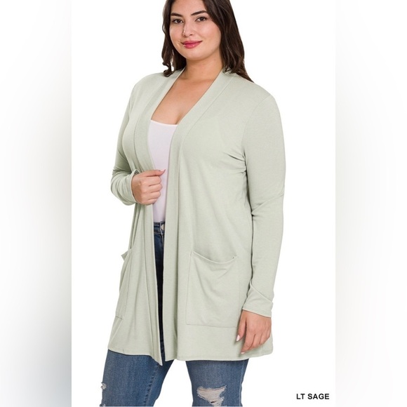 Zenana Outfitters Sweaters - New!Plus Size Light Sage Plus slouchy pocket open cardigan Sizes 1X 2X 3X